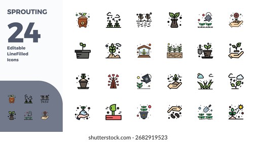 Pacote de última geração com 24 ícones vetoriais perfeitos em PIXEL inspirados no Sprouting, criado em formato Duotone a 128x128 para interfaces de última geração.