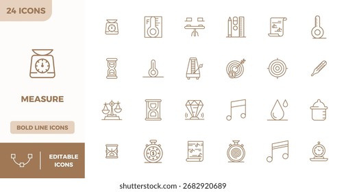 Pacote de última geração com 24 ícones vetoriais perfeitos em PIXEL inspirados em Measure, criado no formato Heavy Line a 128x128 para interfaces de última geração.