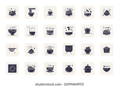 State-of-the-art bundle featuring 24 PIXEL Perfect vector icons inspired by Soup, created in Filled format at High Resolution for next-generation interfaces.