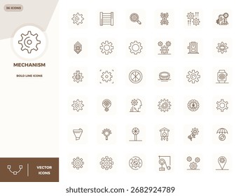 Pacote de última geração com 36 ícones vetoriais perfeitos em PIXEL inspirados no Mechanism, criado no formato Bold Line 128x128 para interfaces de última geração.