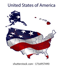 States of America territory. Stylized outlines of all the States of USA full of flag waving in the wind.