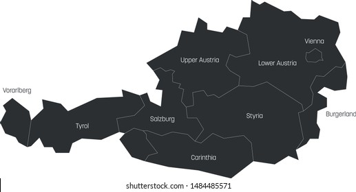 States of Austria. Map of regional country administrative divisions. Colorful vector illustration.