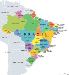 States of Brazil, political map. Differently colored federative units, with their borders and capitals. Subnational entities with certain degree of autonomy, forming the Federative Republic of Brazil.