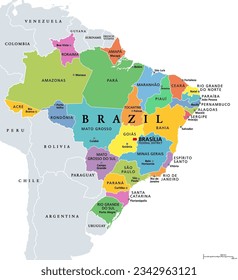 States of Brazil, political map. Differently colored federative units, with their borders and capitals. Subnational entities with certain degree of autonomy, forming the Federative Republic of Brazil.