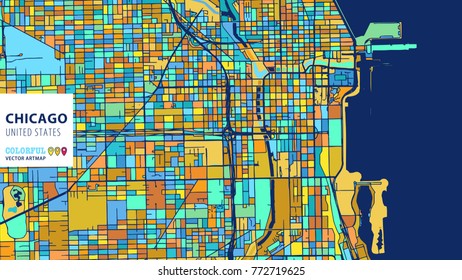 Chicago,Â United States, Colorful Vector Artmap. Blue-Orange-Yellow Version for Website Infographic, Wall Art and Greeting Card Backgrounds.