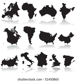 States and continents silhouettes