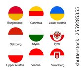 States flags button of Austria regions set: Burgerland, Carinthia, Lower Austria, Salzburg, Styria, Tyrol, Upper Austria, Vienna, Vorarlberg flag. Emblem banner badge Austria state territory symbol.