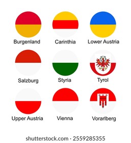 States flags button of Austria regions set: Burgerland, Carinthia, Lower Austria, Salzburg, Styria, Tyrol, Upper Austria, Vienna, Vorarlberg flag. Emblem banner badge Austria state territory symbol.