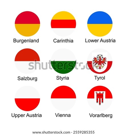 States flags button of Austria regions set: Burgerland, Carinthia, Lower Austria, Salzburg, Styria, Tyrol, Upper Austria, Vienna, Vorarlberg flag. Emblem banner badge Austria state territory symbol.