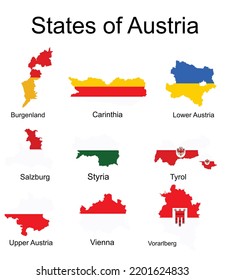 States flags map of Austria regions: Burgerland, Carinthia, Lower Austria, Salzburg, Styria, Tyrol, Upper Austria, Vienna, Vorarlberg flaf. Emblem banner or badge of Austria state territory symbols.