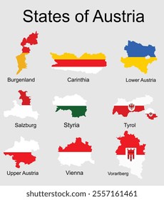 States flags map of Austria regions: Burgerland, Carinthia, Lower Austria, Salzburg, Styria, Tyrol, Upper Austria, Vienna, Vorarlberg flag. Emblem banner or badge of Austria state territory symbols.