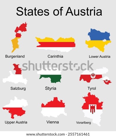 States flags map of Austria regions: Burgerland, Carinthia, Lower Austria, Salzburg, Styria, Tyrol, Upper Austria, Vienna, Vorarlberg flag. Emblem banner or badge of Austria state territory symbols.