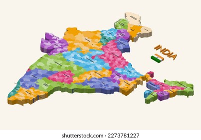 States of India 3d (isometric) colorful vector map with capital cities and flag of India