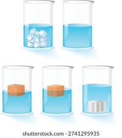 States of matter experiment showing solid objects in water and floating or sinking behavior in glass containers. Educational science illustration.
