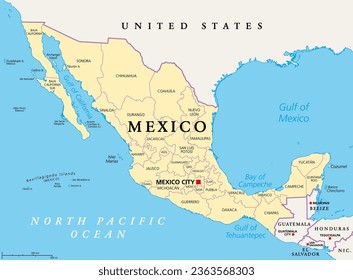 States of Mexico, political map. The United Mexican States, a country in the southern portion of North America. Federal republic composed of autonomous entities, of 31 states with capital Mexico City.