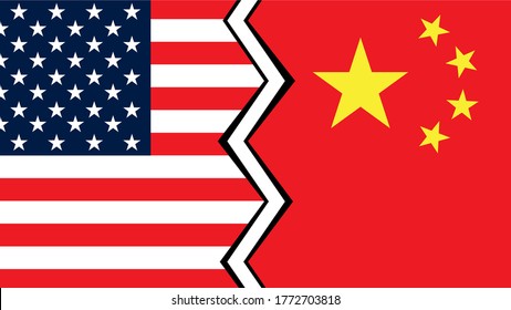 Guerra comercial entre China y Estados Unidos. Fondo de resolución HD. Bandera de China contra bandera de los Estados Unidos. Vector. 