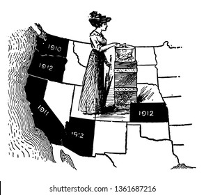 The states of Western half of US are labeled in a map for what year they allowed women to vote vintage line drawing.