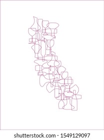 States winemakers - stylized maps from silhouettes of wine bottles, glasses and decanters. Map of California.