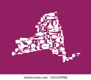 States winemakers - stylized maps from silhouettes of wine bottles, glasses and decanters. Map of New York.