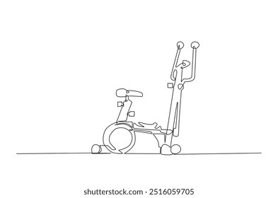 Dibujo continuo de una línea de bicicleta estática. Equipo de gimnasio - bicicleta estática en ilustración de arte de una sola línea. Vector editable.  