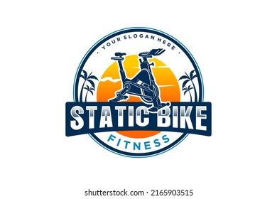 Static Bike Logo Spin Bike Gym Fitness Design Outdoor Sunset Palm Tree Emblem Badge Style