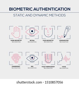 Static and dynamic methods of biometric authentication - collection of flat vector outline icons with explanations on light grey background