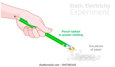 Static electricity experiment. Green pencil held, Charging by rubbing against woolen clothing, Picking up, pulling cut pieces of paper. Electric, electrical, magnetic test. Illustration draw vector