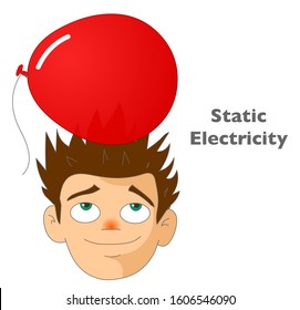 Static Electricity. Hair Electric. Confused Man, With Thorns In His Hair Without Static Electrification. Red Ballon. White Background. School Lesson Experiment Vector