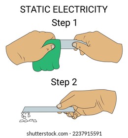 Static Electricity. Pieces of paper picked up by electrically charged ruler. Physics education Science. Vector illustration isolated on white.