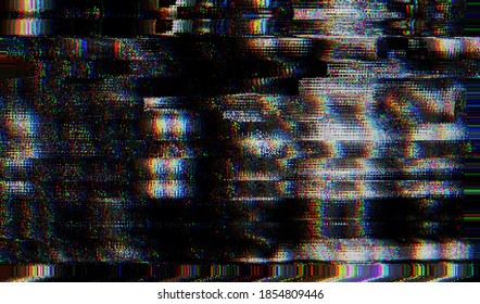 A static image of digital television broadcast distortion. Colored digital pixel noise on a dark background. Abstract glitch texture background. Vector illustration.