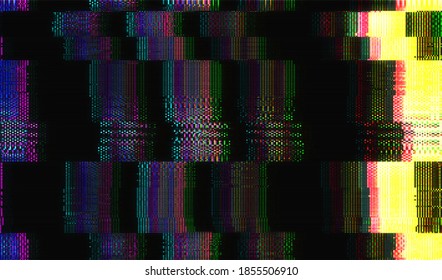 A static image of digital television broadcast distortion. Colored digital pixel noise on a dark background. Abstract glitch texture background. Vector illustration.