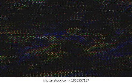 A static image of digital television broadcast distortion. Colored digital pixel noise on a dark background. Abstract glitch texture background. Vector illustration.