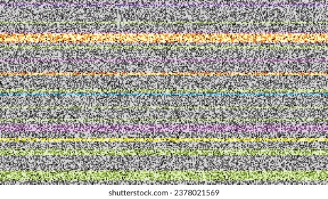 Statische Rauschstruktur mit schwarz-weißen Pixel und farbigen Streifen. Kein Signal- oder TV-Broadcast-Fehler. VHS Glitch nahtloses Muster. Abstrakter Vektorhintergrund.