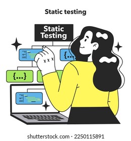 Static testing. Software testing methodology. IT specialist searching for bugs in code. Website and application development. Flat vector illustration