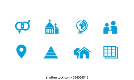 Statictic icon set: house, map, table, family, Maslow's pyramid, church, globe and 	
gender.