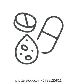Statins Icon. Thin Line Illustration of Tablet, Capsule and Cholesterol Blood Drop, Symbolizing Statin Medication, LDL Cholesterol Treatment and Cardiovascular Drug Therapy. Isolated Outline Vector 