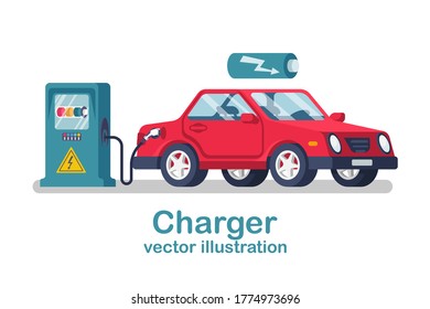 Station car charger. Electric refueling. Green eco transportation. Vector illustration flat design. Isolated on white background. Modern electric cars. Energy vehicles. Vehicle cartoon style.