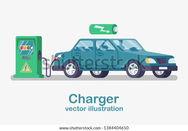 Station car charger. Electric refueling. Green eco\
transportation. Vector illustration flat design. Isolated on white\
background. Modern electric cars. Energy vehicles. Vehicle cartoon\
style.