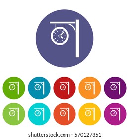 Station clock set icons in different colors isolated on white background