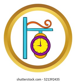 Station clock vector icon in golden circle, cartoon style isolated on white background