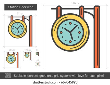 Station clock vector line icon isolated on white background. Station clock line icon for infographic, website or app. Scalable icon designed on a grid system.