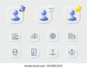 Symbole der Serie Station, Elektrische App und Lüster. Platzhalter mit 3D-Stern, Erinnerungsglocke, Chat. Steuerpaket, Rechnungslegungsbericht, Seo Internet Icon. Frische Bitcoin, Hdd-Piktogramm. Vektorgrafik