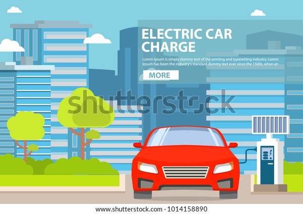 Station electro recharge cars panel solar power\
battery.City landscape buildings skyscrapers and road trees and\
bushes.Environmentally friendly electric vehicle.Green renewable\
resources flat vector.