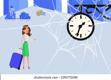 at the station, the girl looks at her watch and time has stopped, she is late for the train