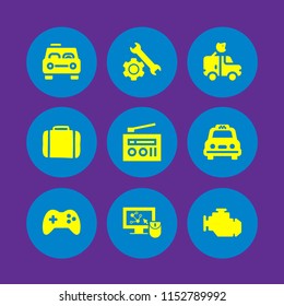 station icon. 9 station set with satellite, suitcase, radio and gamepad controller vector icons for web and mobile app