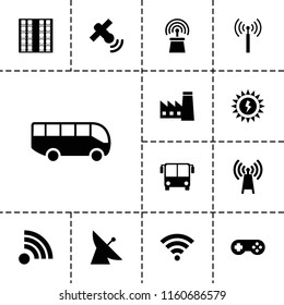 Station icon. collection of 13 station filled icons such as signal tower, satellite, airport bus, factory, wi-fi, transmitter. editable station icons for web and mobile.