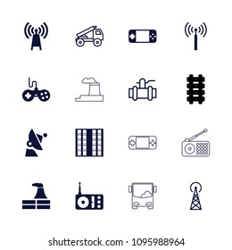 Station icon. collection of 16 station filled and outline icons such as signal tower, factory, joystick, radio, pump, transmitter. editable station icons for web and mobile.