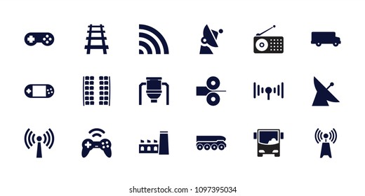 Station icon. collection of 18 station filled icons such as satellite, plane seats, bus, railway, portable console, wi-fi, signal. editable station icons for web and mobile.