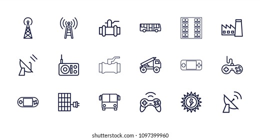 Station icon. collection of 18 station outline icons such as signal tower, airport bus, factory, joystick, pump, transmitter, radio. editable station icons for web and mobile.