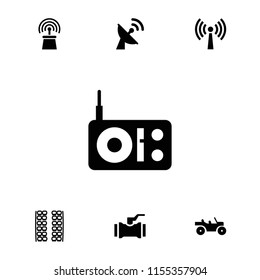 Station icon. collection of 7 station filled and outline icons such as satellite, weapon truck, plane seats, radio, signal tower. editable station icons for web and mobile.